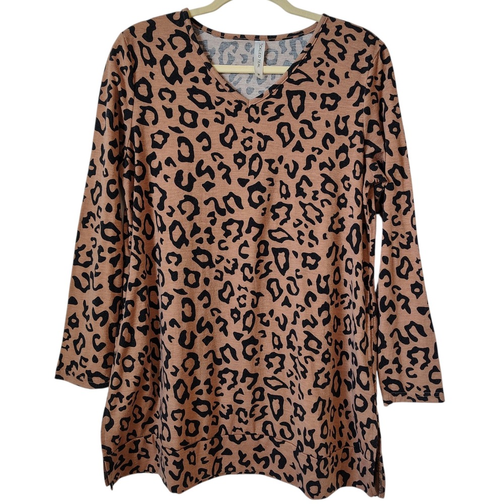 Tickled Teal Women's Tunic Top Medium Leopard Print V Neck Long Sleeve